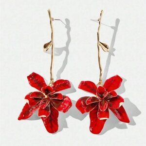 New! Zara Red Flower Statement Earrings NWOT